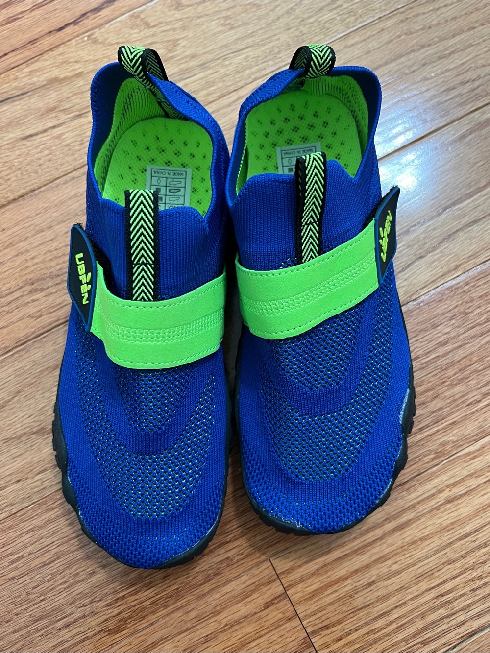 Kids Blue and Neon Green Slip-On Water Shoes with Easy Strap